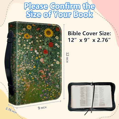 Bible Cover Case for Women, PU Leather Large Bible Cases with Zipper Fits Books Up to 12" x 9" x 2.76”, Bible Carrying Bag for Men, Wild Sunflowers Garden - color: Wild Sunflowers Garden