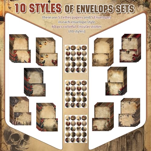 TaoBary 160 Pcs Stationery Paper Set 50 Double Sided Stationery Papers with 50 Matching Envelopes and 60 Round Dot Sticker, 10 Design(Gothic Style,8.25 x 5.5 Inch) - size: 8.25 x 5.5 Inch, style: Gothic Style