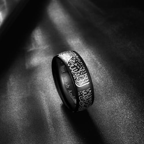 Hipunk Stainless Steel Islamic Muslim Shahada Ring - Mohammad Arabic Letter Rings Band Prayer Religious Calligraphy Ayatul Kursi Allah Rings Eid Ramadan for Men Women Size 9-12 - color: Black
