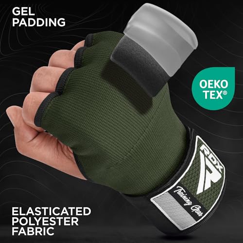 RDX Gel Boxing Hand Wraps Inner Gloves Men Women, Quick 100cm Long Wrist Straps, Elasticated Padded Fist Under Mitts Protection, Muay Thai MMA Kickboxing Martial Arts - color: Army Green, size: Small