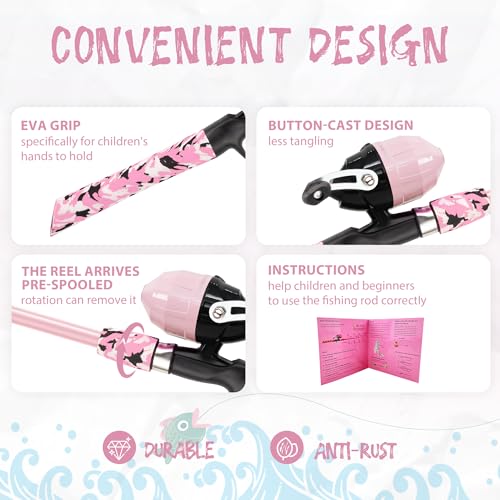 WIDDEN Kids Fishing Pole, Portable Telescopic Kids Fishing Poles for Boys and Girls, Fishing Rod and Reel Combo Kit with Tackle Box, and Fishing Net, Best Fishing Pole for Toddler Youth - color: Light Pink