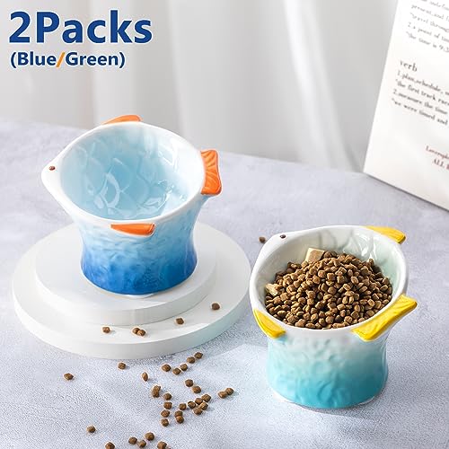 Tioncy 2 Pcs Raised Tilted Ceramic Cat Food Bowl Fish Shape Cute Elevated Slanted Shallow Angled Cat Dish Non Slip Feeder Bowl for Anti-Vomiting and Whisker Fatigue(Blue, Green) - color: Blue, Green