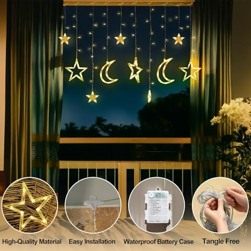 138 LED Star Moon String Lights, Warm White Fairy String Lights with 12 Hooks, Twinkle Battery Operated Lights with Remote, 8 Modes for Bedroom, Ramadan Decoration