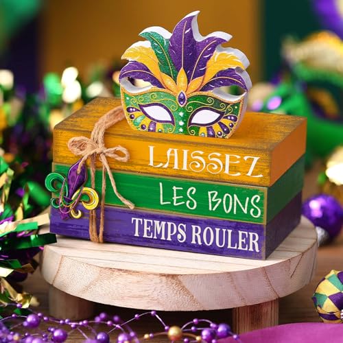 4 Pcs Mardi Gras Decorations for Home Mardi Gras Centerpieces Masquerade Masks Table Decorations Farmhouse Wooden Tabletop Blocks Sign for Rustic Tiered Tray Shelf Office Carnival - style: Carnival