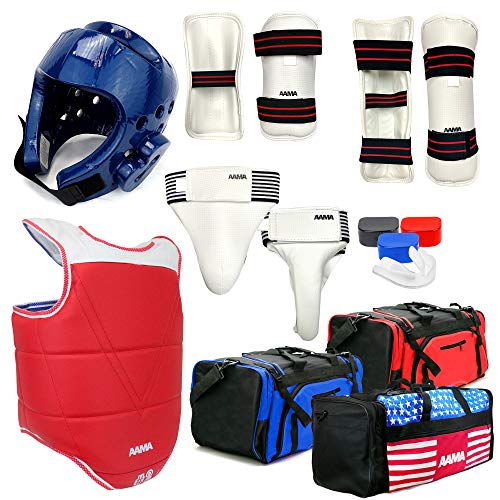 AAMA Complete Taekwondo Sparring Protective Gear Equipment Set - Customizable - color: SET C Blue (Shin Guard)