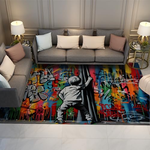 Boy Draws Curtain Entryway Rug Colorful Graffiti Rugs Creative Street Art Low Pile Rugs for Bedroom Study Playing Room Nursery 6'x10' - size: 6'x10'
