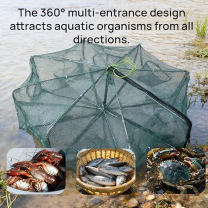 8 Hole 8 Side Foldable Fishing Net - Ideal for Fish, Crab, Shrimp & Crawdad | 32" Expanded Large Space with 6m Nylon Rope, Portable & Easy to Store