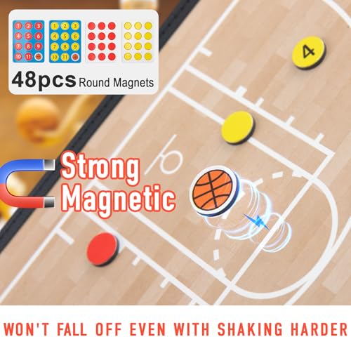 WISYOK Leather Covered Magnetic Basketball Lineup Board, Foldable and Portable Clipboard for Coaches with 48 Cards, 2 Markers, 4 Hooks and 1 Organizer Bag - style: Basketball Leather