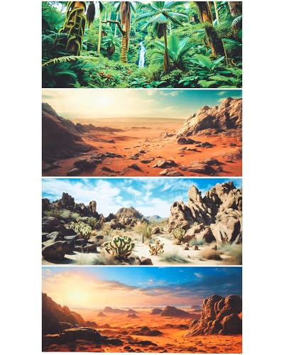 Breling 4 Pcs 30 x 11.8 Inch Reptile Habitat Background with Nano Glue Gobi Sun Cactus Stone and Green Tree Fern Stream Terrarium Background Polyester Durable Aquarium Accessories - color: Style1, size: 11.8 x 30 Inch