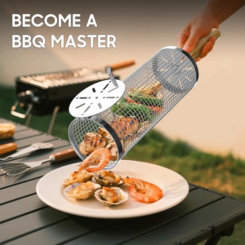 Rolling Grill Basket, Removable Wooden Handle, 304 Stainless Steel, Nesting Grilling Net, BBQ Accessories Tool for Vegetable Shrimp, Outdoor Cooking Camping, Christmas Birthday Gifts for Men Dad Husband