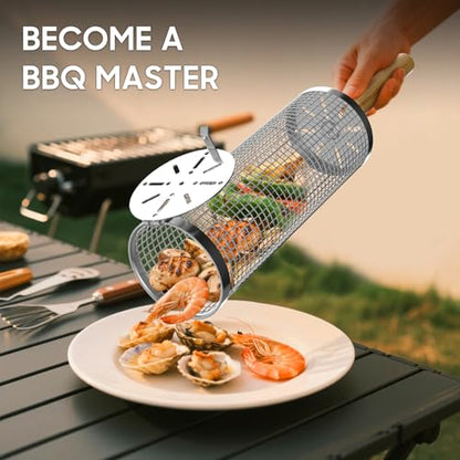 Rolling Grill Basket, Removable Wooden Handle, 304 Stainless Steel, Nesting Grilling Net, BBQ Accessories Tool for Vegetable Shrimp, Outdoor Cooking Camping, Christmas Birthday Gifts for Men Dad Husband