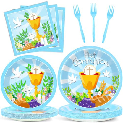 Qyeahkj 100 Pcs Baptism Plates and Napkins, First Holy Communion Party Blue Paper Disposable Tableware Decorations for Boys God Bless Decor for Christening Celebration Party Baby Shower, Serves 25 - style: First Holy Communion