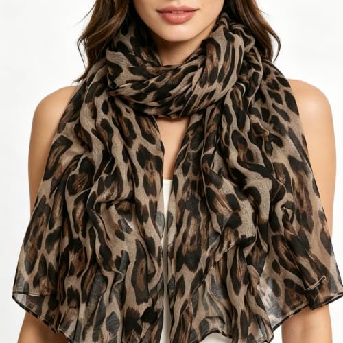 UTOWO Women Leopard Shawl Scarf Sheer Chiffon Fashion Neckerchief Classic Cheetah Hijab Lightweight Wrap Bandanas 31x66in