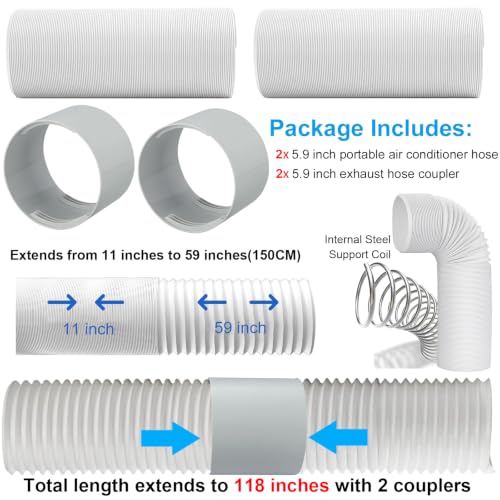 2 Pack 5.9 Inch Portable Air Conditioner Hose with Coupler Exhaust Vent AC Hose Connector with Tube Connector Total 118" Length Counter-Clockwise Thread Universal Replacement Hose/Coupler