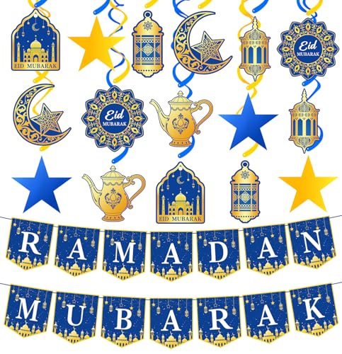 34Pcs Ramadan Decorations Pre-Assembled Mubarak Eid Kareem Muslim Banner Hanging Swirls Garland Decor Party Supplies Ramadan Decorations for Home
