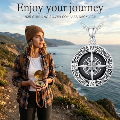 Graduation Gifts for Women 925 Sterling Silver Compass/Graduation/Vet/Cross/Stethoscope Necklace for Women - color: Compass-Obsidian