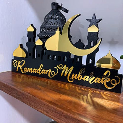 Wooden Acrylic Ramadan Decorations for Home 2026, Gold Black Ramadan Mubarak Eid Kareem Sign Stand, Wood Islamic Table Centerpiece Fireplace Office Desk Mosque Decor, Arabic Muslim Gifts