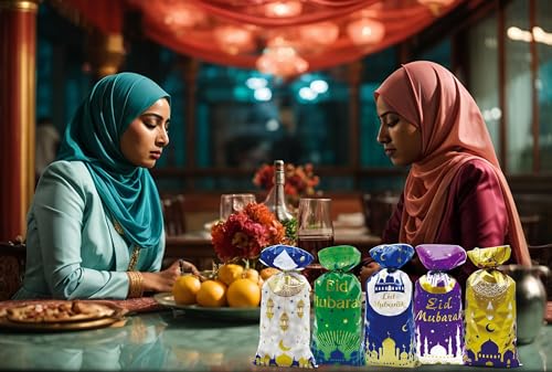 Hying 100 PCS Eid Mubarak Cellophane Bags with Twist Ties for Gift, Ramadan Cello Bag Eid Mubarak Castle Candy Bags Muslim Festival Moon Star Treat Bags for Cookie Candy Goodies Wrapping Supplies - color: Style 1: Eid Bags