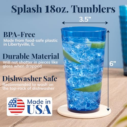 US Acrylic Splash [Set of 16] 18 ounce Plastic Stackable Water Tumblers in 4 Coastal Colors Value Set of Drinking Cups, Reusable, BPA-free, Made in the USA, Top-rack Dishwasher Safe - color: Coastal