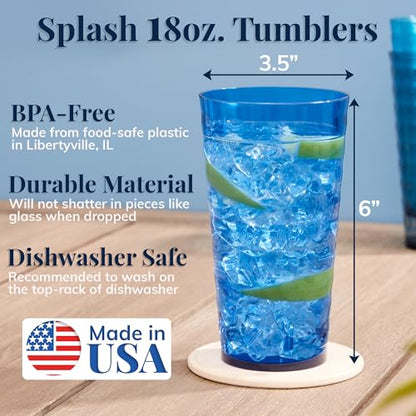US Acrylic Splash [Set of 16] 18 ounce Plastic Stackable Water Tumblers in 4 Coastal Colors Value Set of Drinking Cups, Reusable, BPA-free, Made in the USA, Top-rack Dishwasher Safe - color: Coastal
