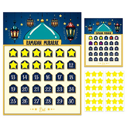 FLYAB Ramadan Calendar 2025 Eid Mubarak Countdown for Kids 30 Days Advent Poster Decorations Home Wall with 36 Star Stickers and 1PCS Small Card