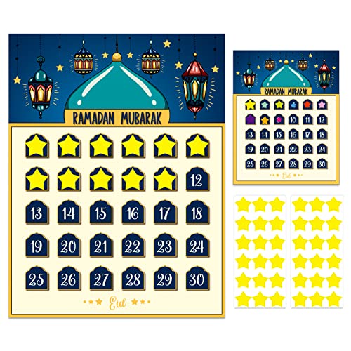 FLYAB Ramadan Calendar 2025 Eid Mubarak Countdown for Kids 30 Days Advent Poster Decorations Home Wall with 36 Star Stickers and 1PCS Small Card