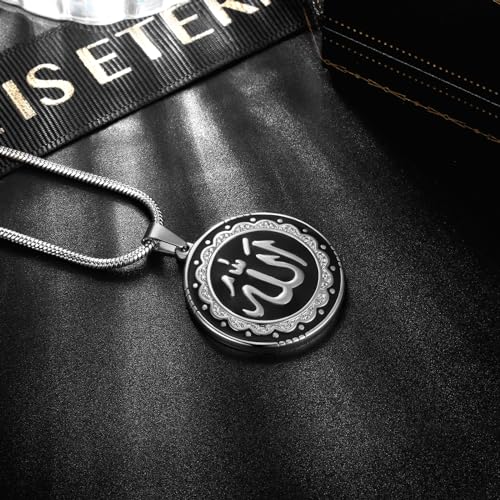 Hipunk Men Islamic Pendant Necklace - Muslim Allah Necklace Allah Necklace Mens Muslim Islam Pendant 316L Stainless Steel Islamic Arabic Gift Black Gun/18K Gold Plated Islam Jewelry SP0049 - color: white & black