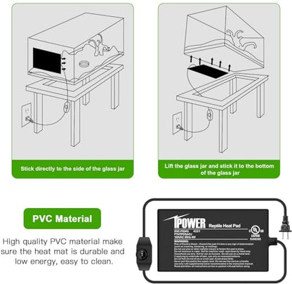 iPower 4 by 7-Inch 4 Watts Reptile Heating Mat with Temperature Controller Under Tank Warmer Terrarium Heat Pad for Reptiles and Amphibians, Black - size: 4" x 7", style: Heat Pad with Adjust Knob