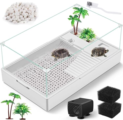 MoonOrange Large Turtle Tank (Tank + Water Pump), Acrylic Turtle Tank Starter Kit with Upgrade Rain Shower Head, Adjustable 5W Water Pump, Higher Fences and Multi-Function Areas. (L)