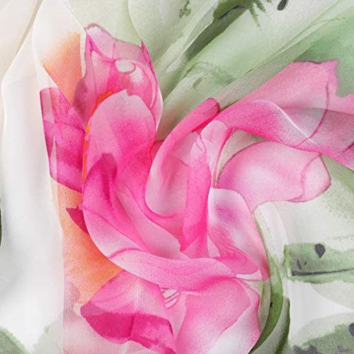 E-Clover Women Soft Floral Print Shawl Chiffon Sheer Scarf - color: Green Pink Lotus