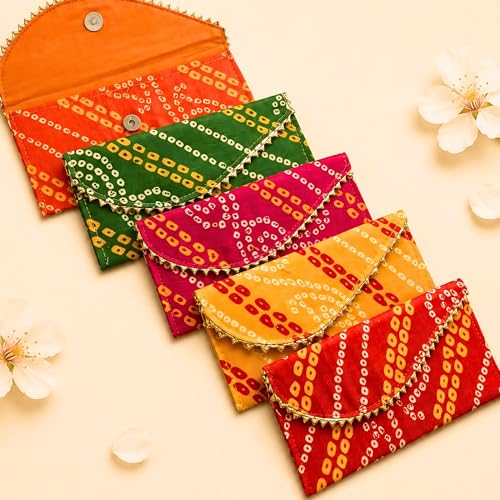 LoveNspire Brocade Fabric Money Envelopes (7.5 x 3.5 Inch) Decorative Bandhani Pattern Shagun Lifafa for Indian Wedding, Birthday | Cash Gift Holder & Home Savings Organizer Assorted/Pack of 5 - color: Bandhini Assorted, size: Pack of 5