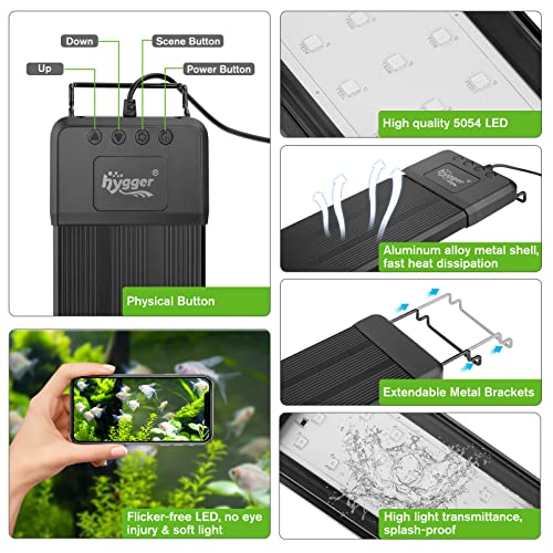 hygger 60W Smart Aquarium Light, Bluetooth LED Light with App Control, Full Spectrum Fish Tank Light with 24/7 Lighting Cycle, 5 Modes, Adjustable Timer, for 48"-55" Freshwater Planted Tank - size: 60W (for 48-55 inch Tank)