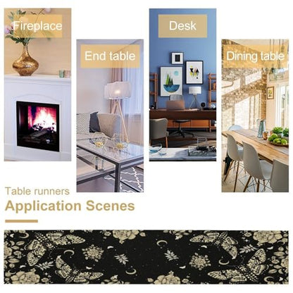 Moth Moon Table Runner,Fantasy Bohemian Nature Floral Starry Sun and Moon Gothic Skull Moth Butterfly Table Top Restaurant Dining Kitchen Wedding Party 13x36 Inch - color: Moon Style-31, size: W13X L36