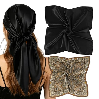 GERINLY 2 Pack Head Scarf for Women, Boho Hair Scarf Top, Large Bandana Hair Scarves Wrap - color: Black