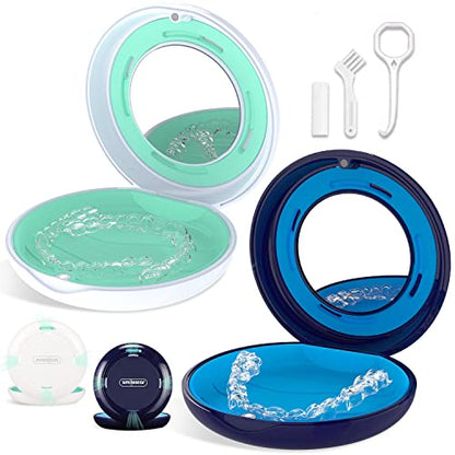 2PCS Retainer Case with Mirror and Adjustable Vent Holes, Compatible with Invisalign - color: Round: White+Blue