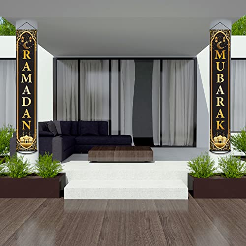 Ramadan Mubarak Banner Eid Mubarak Door Sign Hanging Banners Decoration Set for Ramadan Themed Party Indoor and Outdoor Party Supplies Decorations