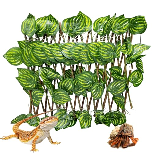 Reptile Hermit Crab Climbing Wall Toys, Bearded Dragon Climb Tank Accessories, 15.75 in Watermelon Leaves Retractable Hedge Fence Background, Gecko Spider Aquarium Decoration with Suction Cups - color: Watermelon Leaves Reptile Climbing Wall