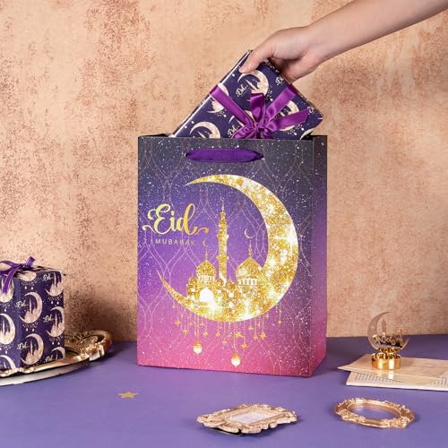 Loveinside Ramadan Gift Bag, Purple Gradient and Gold Crescent Moon Mosque Design, Eid Medium Size Gift Bag with Tissue Paper for Muslim Festival, Holiday, Wedding, 10" x 5" x 13", 1 Pcs - color: Ramadan