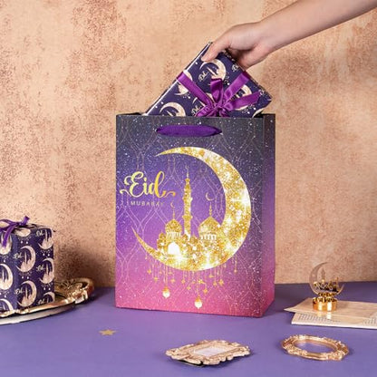 Loveinside Ramadan Gift Bag, Purple Gradient and Gold Crescent Moon Mosque Design, Eid Medium Size Gift Bag with Tissue Paper for Muslim Festival, Holiday, Wedding, 10" x 5" x 13", 1 Pcs - color: Ramadan