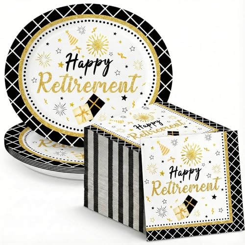 Dereinwo 50 Pcs Retirement Large 12" x 10" Oval Paper Plates and Napkins Disposable Heavy Duty Paper Plates and Napkins for Retirement Party Supplies - style: Retirement