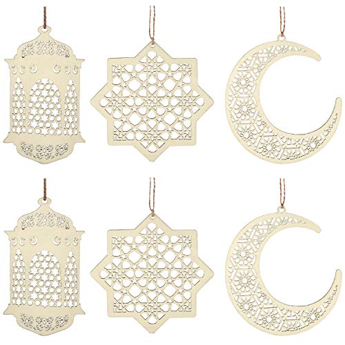 6 Pieces Wooden Pendant Ornament Ramadan Kareem Decoration Moon Star Wind Light Shape Pendant Ornament for Ramadan Mubarak Eid Decorations (Wood Color)