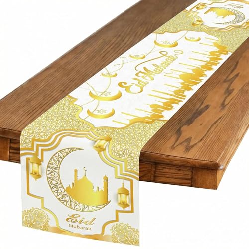 Ramadan Mosque Linen Table Runner: White and Gold Mosque Moon Tablerunner Muslim Eid Al-fitr Eid Mubarak Perfect for Ramadan Party Home Kitchen Dining Mantel 13×72Inches(1 Pcs) - color: Ramadan White