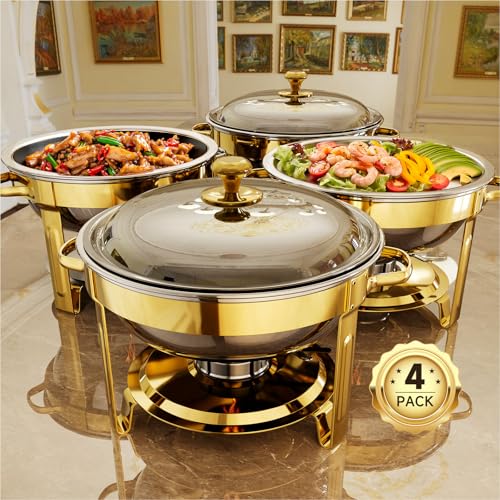 Chafing Dishes for Buffet, 4 Pack 5QT Round Stainless Steel Chafing Dish Set for Home Parties, Christmas Gatherings, Catering Events Complete Buffet Warmer Set (Golden 4) - color: Golden 4