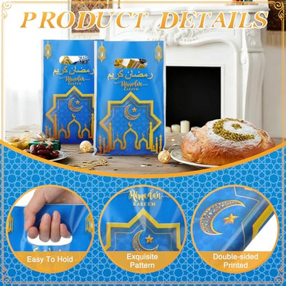 Supervitae 100 Pieces Ramadan Kareem Plastic Gift Bags Bulk Eid Mubarak Treat Candy Goodie Bags with Churches Star and Moon for Muslim Eid Party Favors Supplies - color: Blue Gold, style: Ramadan