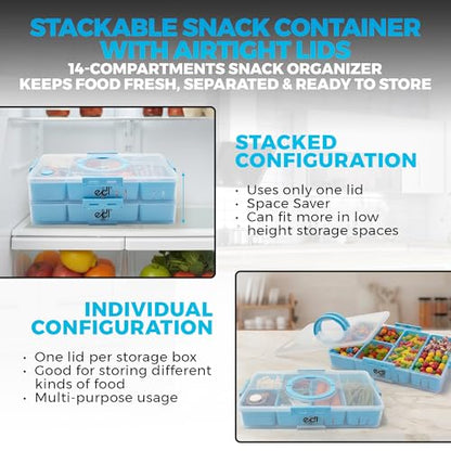Stackable Snack Organizer Container 2 Pack, 14 Compartments Food Storage Tray with Lids & Handles for Travel & Charcuterie, BPA-Free, Dishwasher & Microwave Safe (Blue 2 Pack) - color: Blue
