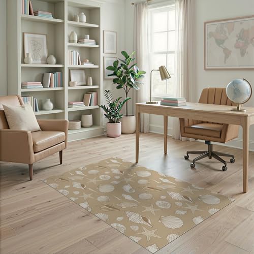 4'x6' Beige Beachy with Rustic Ocean Shell Washable Area Rug | Scattered Seashells Design, Starfish and Conch Pet Friendly, Non-Shedding for Bedroom, Reading Nook - color: Beige/Pattern 24, size: 4' x 6' (Rectangular)