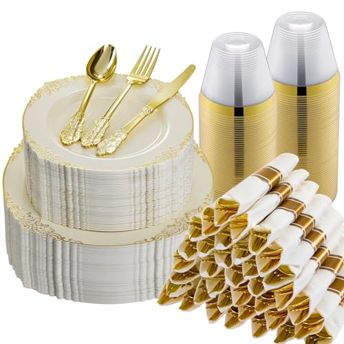Bestluck 350PCS Ivory Disposable Dinnerware for 50 Guests - color: Ivory White, size: 50 Guests Set