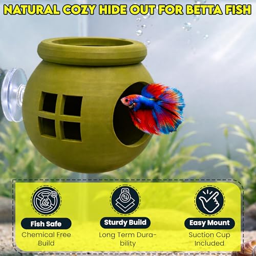 Floating Cozy Betta House, Natural Floating Betta Hide Out, Aquarium Fish Hammock, Relaxing & Stress Relief, Suction Cup Included, 2.9" W x 2.6" H (Olive Green) - color: Olive Green