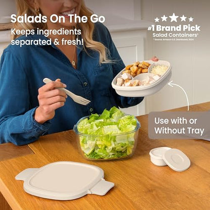 Bentgo Glass Salad Container - 7.6-Cup Salad Bowl with Airtight Lid, Leak-Proof Sauce Container, 4-Compartment Bento Tray & Reusable Fork - BPA-Free for Meal Prep, Office & More (White Stone Tan) - color: White Stone Tan