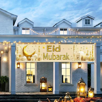 BlissYard Eid Mubarak Large Banner Backdrop 79x18Inch Festive Celebration Display for Eid Al-Fitr Al-Adha Islamic Holiday Wall Banner for Photo Background Ramadan Indoor Outdoor Event Decor
